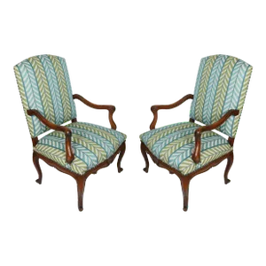 Pair of Walnut Regence Chairs With Quadrille Blue and Green Chevron Upholstery