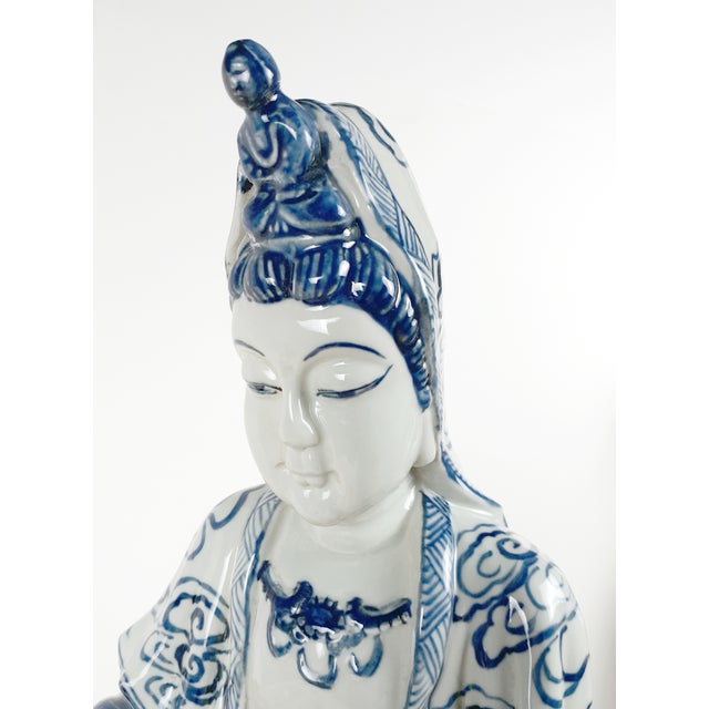 Chinese Blue and White Porcelain Seated Kuan Yin on a Qilin For Sale - Image 10 of 15