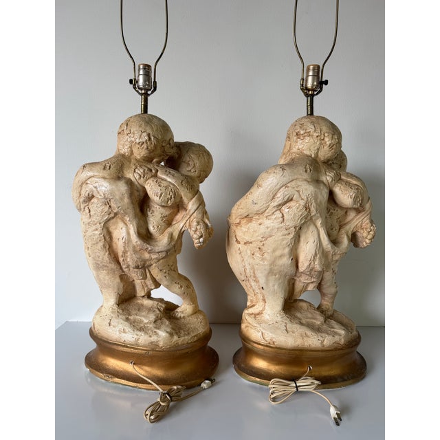 Vintage French Cherub – Baroque Revival Putti Sculptures on Gilt Bases Table Lamps - a Pair For Sale - Image 9 of 12