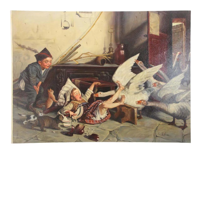 19th Century Style Painting of Children Playing with Geese For Sale
