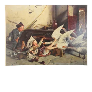 19th Century Style Painting of Children Playing with Geese