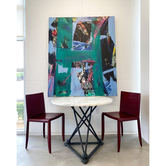 Large (nearly 5'x4') abstract painting on canvas in palette of black, green, and blue with shots of hot pink, red, and...