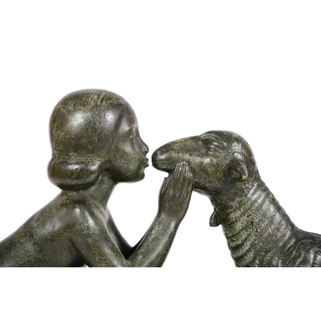 Art Deco 'Girl Kissing a Lamb' Art Deco Bronze Sculpture For Sale - Image 3 of 9