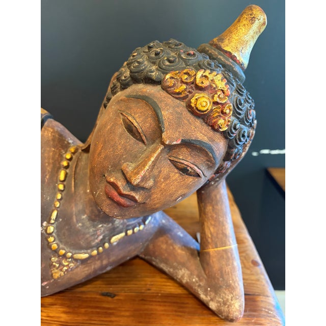 Hand Carved Wooden Vintage Reclining Buddha For Sale - Image 9 of 10