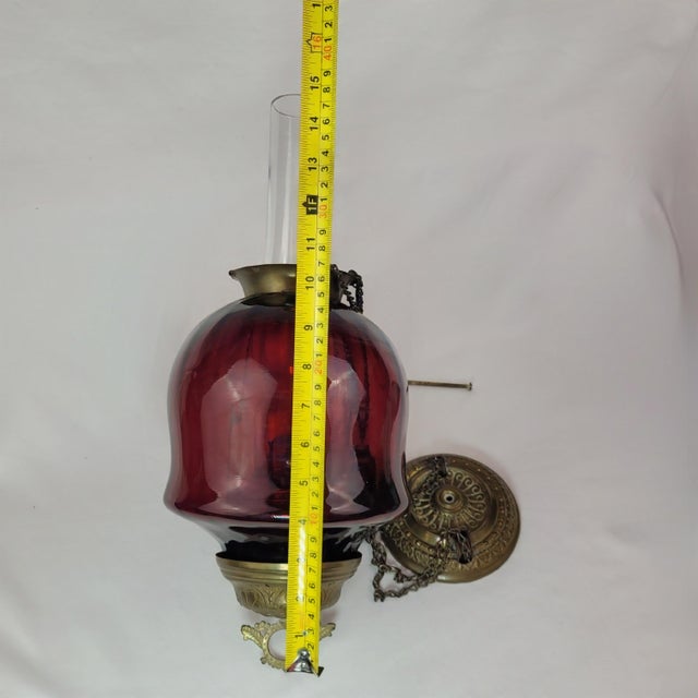 Antique Ruby Red Glass Hanging Oil Lamp Macbeth Pearl Glass Chimney Brass Trim For Sale - Image 6 of 13