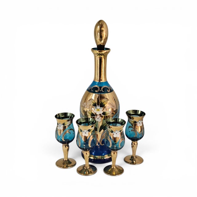 Victorian Vintage Venetian Tre Fuochi Turquoise Ombre Art Glass Decanter Set - Set of 5 For Sale - Image 3 of 18