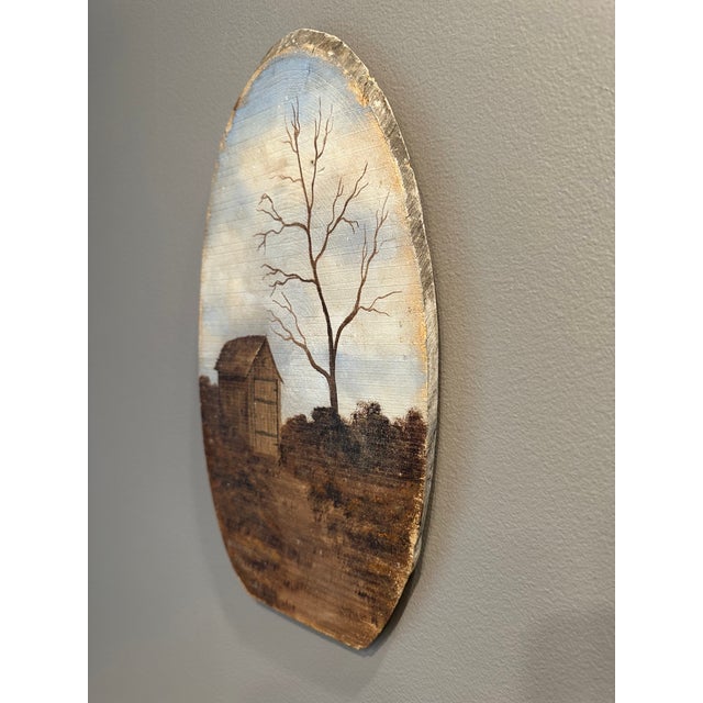 Brown Vintage 1982 Signed Oil Landscape on Natural Wood For Sale - Image 8 of 15