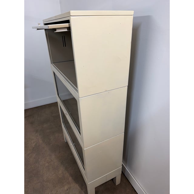 Mid-Century Modern Vintage Industrial Steel Barrister Bookcases With Glass Lift-Up Doors For Sale - Image 3 of 12