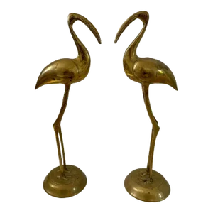 Tall Vintage Brass Cranes Sculptures Statues. Set of 2.