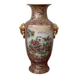 Vintage Chinoiserie Ceramic Painted Floor Vase With Gilt Handles