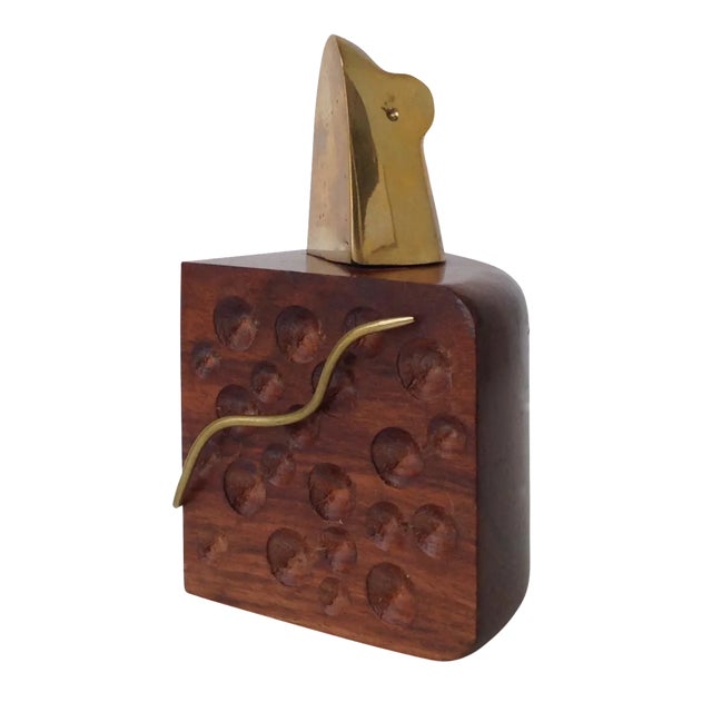 Vintage 1970s Brass Mouse & Wood Cheese Figure For Sale