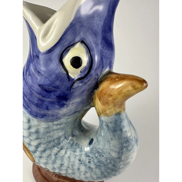 1990s Vintage MCM Blues Ceramic Handpainted Fish Pitcher Vase For Sale - Image 5 of 7