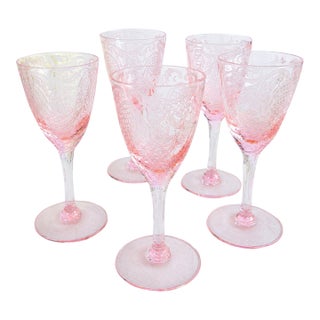 1929 Cambridge Glass Pink Etched Cordial Glasses, Etch 740, Set of 5 For Sale