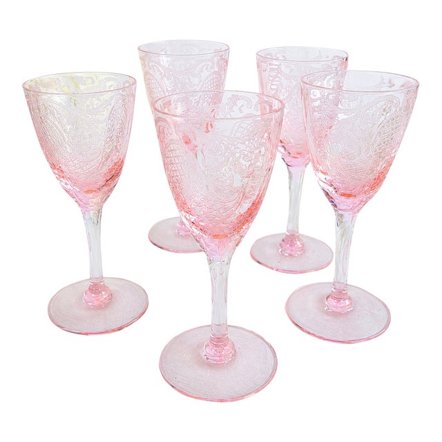 1929 Cambridge Glass Pink Etched Cordial Glasses, Etch 740, Set of 5 For Sale