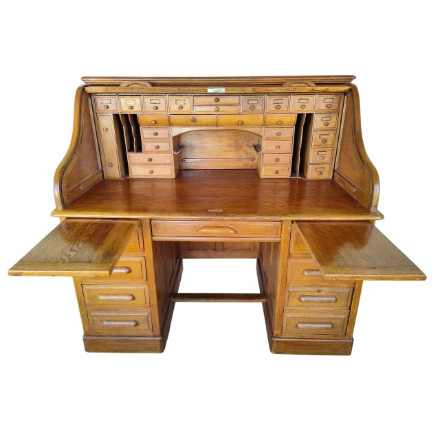 1890's Edwardian Oak Roll Top Desk For Sale - Image 13 of 18