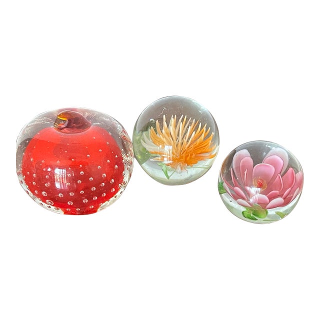 3 Vintage Glass Floral Paperweights For Sale