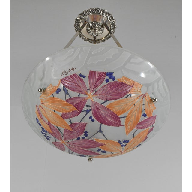 Loys Lucha French Art Deco Pendant Light 1930s - Red Orange Floral Enameled Bowl For Sale - Image 6 of 14