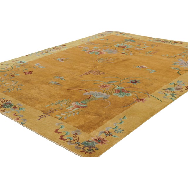 Rug & Kilim Rug & Kilim’s Chinese Art Deco Style Rug in Gold, Floral Patterns and Pictorials For Sale - Image 4 of 7
