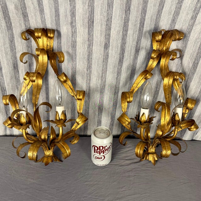 Hollywood Regency Mid 20th Century Hollywood Regency Style Italian Gold Leaf Sconces For Sale - Image 3 of 10