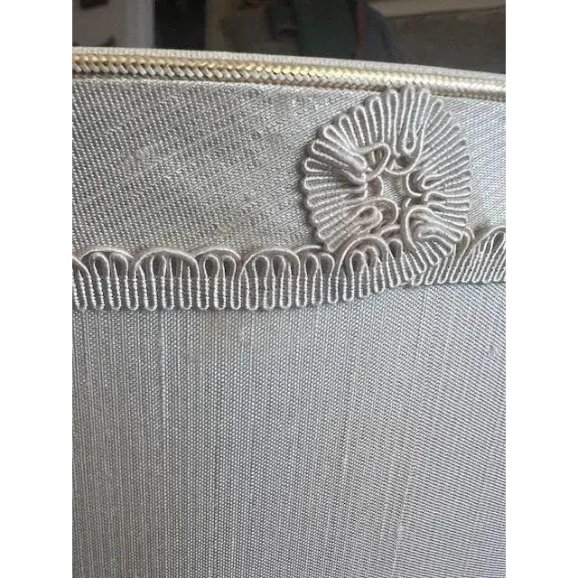 Tall mid-century Hollywood Regency ivory silk dupioni drum lampshade, circa 1940. Gimp trim top and bottom. At top, gimp...