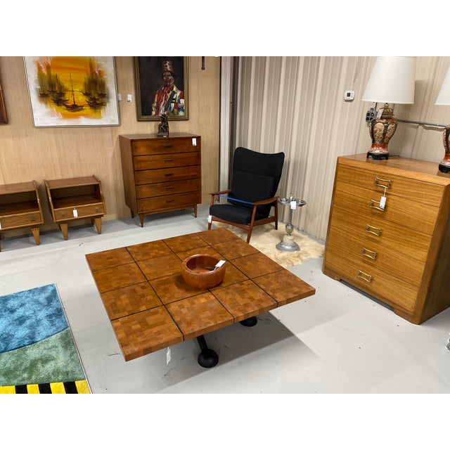Square 49.5 Inch Danish Teak Butcher Block Coffee Table on Black Iron Base For Sale - Image 10 of 17