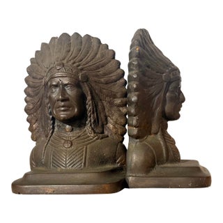 Vintage Solid Bronze Native American Chief Bust Bookends- a Pair For Sale
