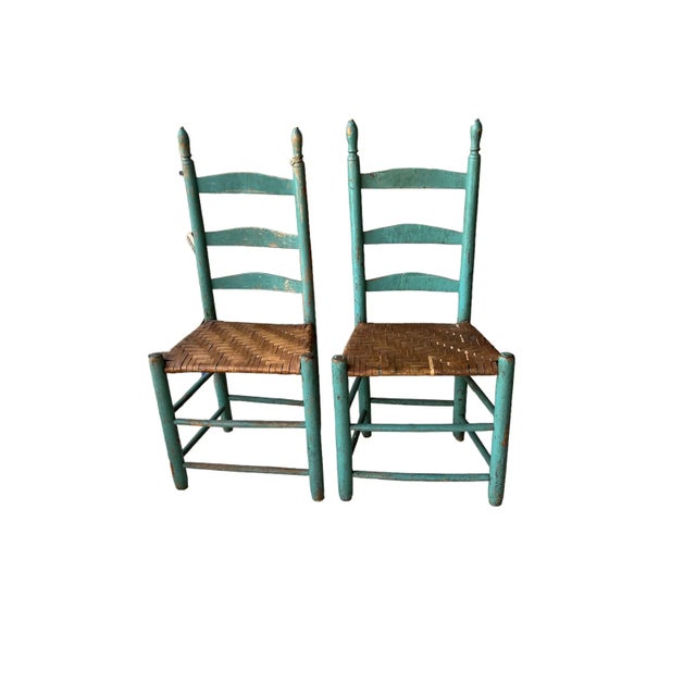 Wood Pair of 19th Century Primitive Turquoise Ladder Back Chairs With Flat Reed Woven Seats For Sale - Image 7 of 7