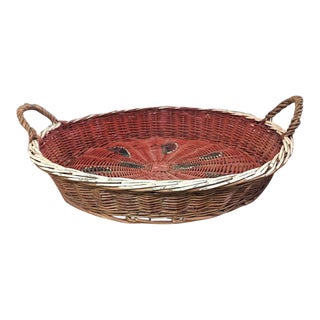 Vintage Wicker Serving Tray or Basket With Watermelon Design For Sale