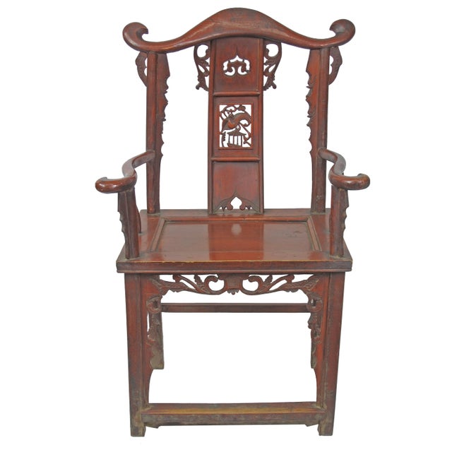 Chinese Antique Chinese Red Armchairs With Detailed Carving - a Pair For Sale - Image 3 of 10