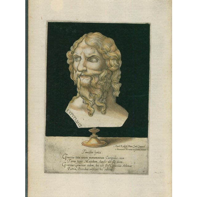 Original 16th-century Old Master portrait engraving of Euripides, the great Athenian tragedian, identified by the Greek...