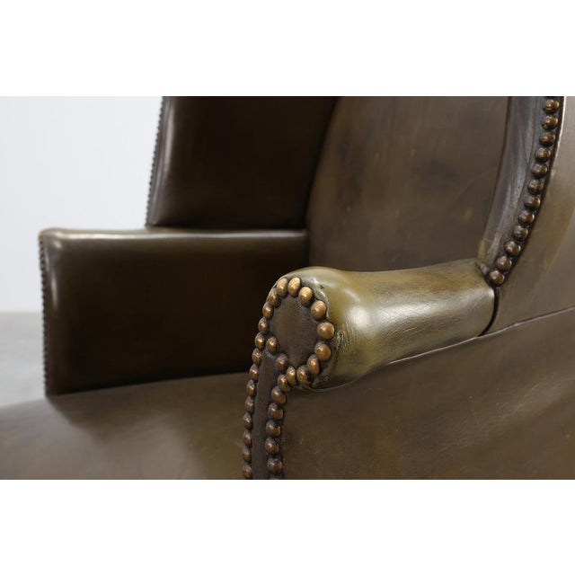 Mid-Century Modern Wing Back Chair in Green Leather, 1980s For Sale - Image 3 of 15