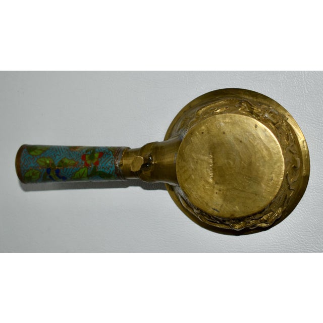Antique Chinese Brass Silk Iron Coal Pan W/Cloisonné Handle With Flowers For Sale - Image 9 of 13