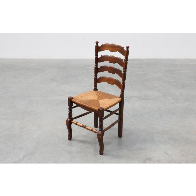 Rustic Oak Ladder-Back Chair with Rush Seat and Cabriole Front Legs, France, 1900s For Sale - Image 10 of 14