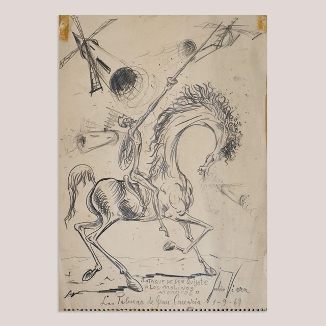 This original pen and ink drawing by Julio Viera presents a dynamic interpretation of Don Quixote mounted on a skeletal...