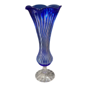 Vintage Cobalt Blue Crystal French Scalloped Edge Cut to Clear Pedestal Vase #2