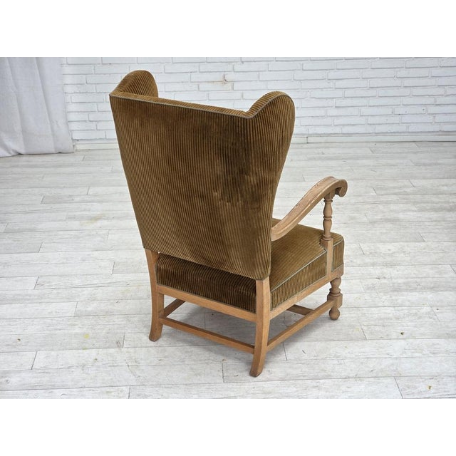 Scandinavian Wingback in Corduroy and Carved Oak, 1970s For Sale - Image 14 of 18
