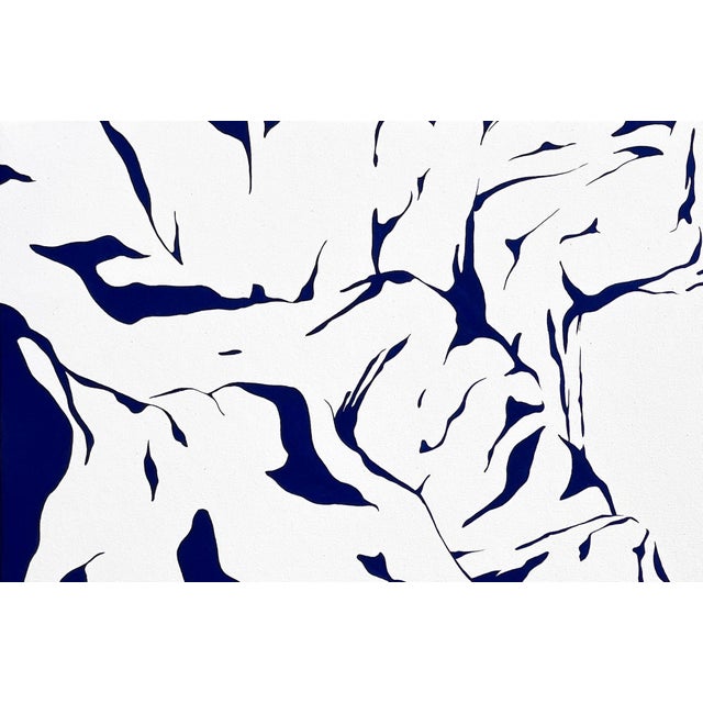 Blue and white landscape painting by contemporary Texas artist Max Kremer. The work features a clean, blue, contoured...