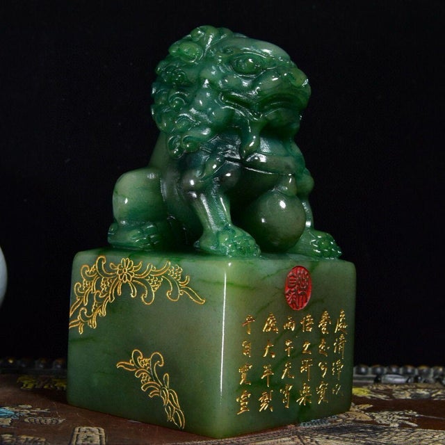 Shoushan Stone Guardian Lion Seal – 6" Foo Dog Stamp With Gilt Calligraphy & Red Seal Paste For Sale - Image 4 of 9