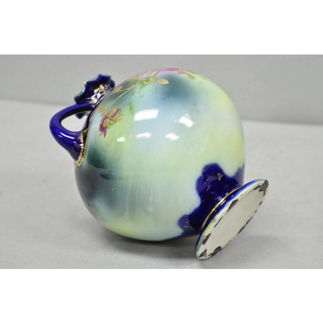 Vintage Victorian Blue Hand Painted Porcelain Floral Twin Handled Bulbous Vase For Sale - Image 11 of 14