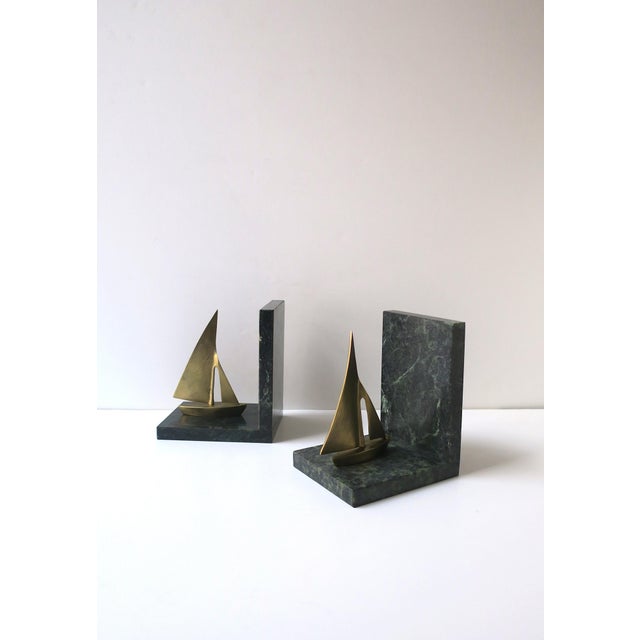 Dark Green Marble Brass Sailboat Nautical Bookends, Pair For Sale - Image 11 of 13