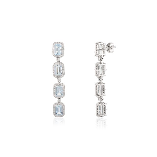 Metal Octagon Cut Aquamarine & Halo Diamond Dangle Earrings - a Pair For Sale - Image 7 of 11