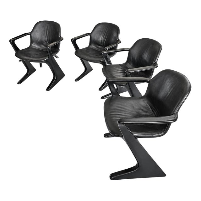 Kangaroo Z-Chairs with Black Leather Upholstery by Ernst Moeckl for Horn Collection, 1960s, Set of 4 For Sale