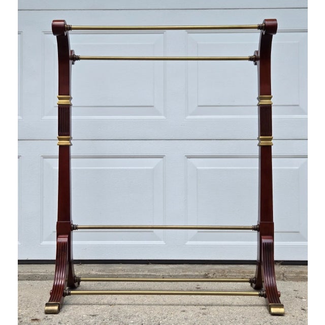 2000 - 2009 Bombay Company Brass & Mahogany Quilt Rack or Towel Stand For Sale - Image 5 of 15