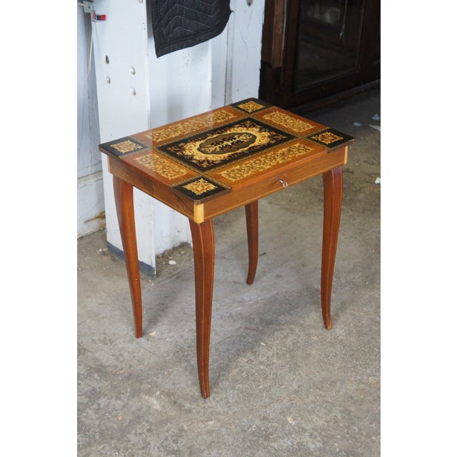 Late 20th Century 2 Italian Inlaid Marquetry Musical Side Tables Pair Santa Lucia Music Box For Sale - Image 4 of 15