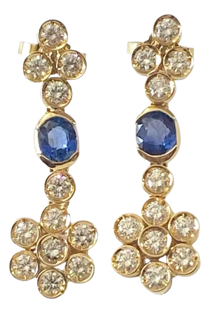 Elegant 18k Yellow Gold Sapphire & Diamonds Dangle Earrings