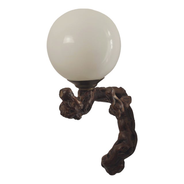Vintage Organic Brutalist Vine Root Wall Lamp with Opaline Globe, 1960s For Sale