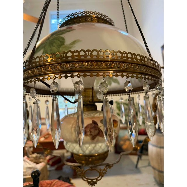 Antique Victorian Floral Painted Glass & Brass Hanging Chandelier With Crystal Prisms For Sale - Image 16 of 16