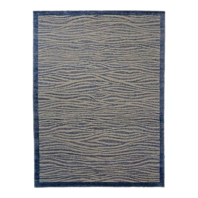 Nepalese Modern Wool & Silk 9X12 Blue & Beige Zebra Handmade Area Rug #1143900 For Sale