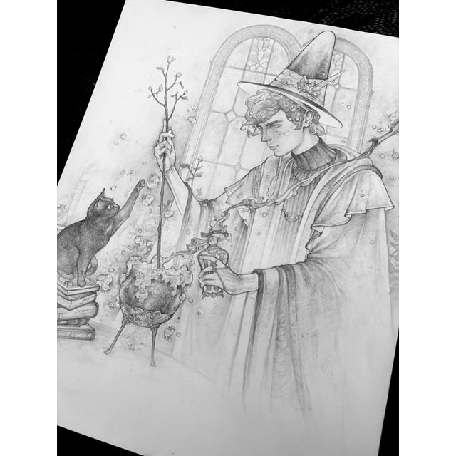 Illustration Brewing Up Whimsy by Timothy Von Rueden | Graphite on Mixed Media Paper Wizard stirring a potion with a cat. For Sale - Image 3 of 3