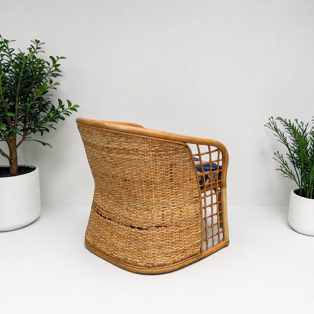 1980s Vintage Woven Rattan Wicker Barrel Chair For Sale - Image 9 of 11